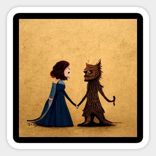 Simple, stylized woman dancing with a beast. Sticker